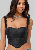 Women Summer Black Textured Fishbone Ruffle Edge Mesh Strap Slim Waist Fitted Corset Women Summer Black Textured Fishbone Ruffle Edge Mesh Strap Slim Waist Fitted Corset