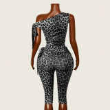 Women Summer Lace-up Slash Shoulder Leopard Slim Fit Jumpsuit