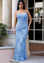 Women Summer Sexy Mesh Strapless Floral Evening Dress Women Summer Sexy Mesh Strapless Floral Evening Dress