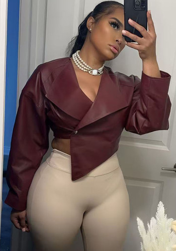 Women Summer Fashion Slim Waist Solid Pu Long Sleeve Coat