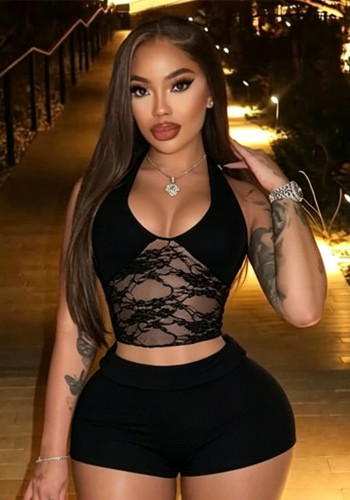 Women Summer Lace Patchwork Halter Neck Lace-Up Low Back Top & Shorts Set