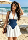 Women Summer American Halter Neck Patchwork Denim Casual Dress