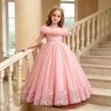 Kids Summer Burgundy Mesh Tulle Flower Girl Dress (3-12 Age)