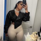 Women Summer Fashion Slim Waist Solid Pu Long Sleeve Coat