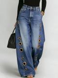 Women Spring Summer Loose Denim Metal Decor Pants