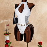 Women Summer White Halter Neck Hollow Out Slim Fit Bodysuit
