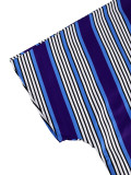 Women Summer African Striped V-neck Drawstring Color Contrast Robe Dress