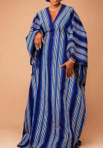 Women Summer African Striped V-neck Drawstring Color Contrast Robe Dress