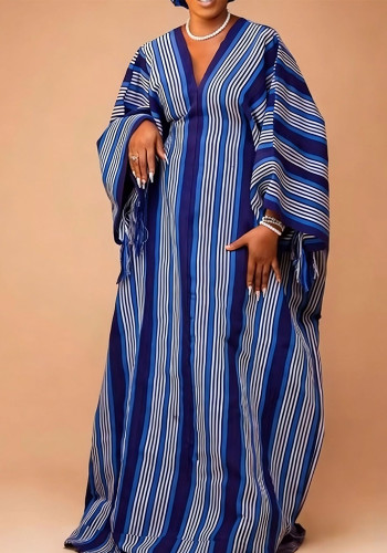 Women Summer African Striped V-neck Drawstring Color Contrast Robe Dress