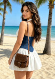 Women Summer American Halter Neck Patchwork Denim Casual Dress