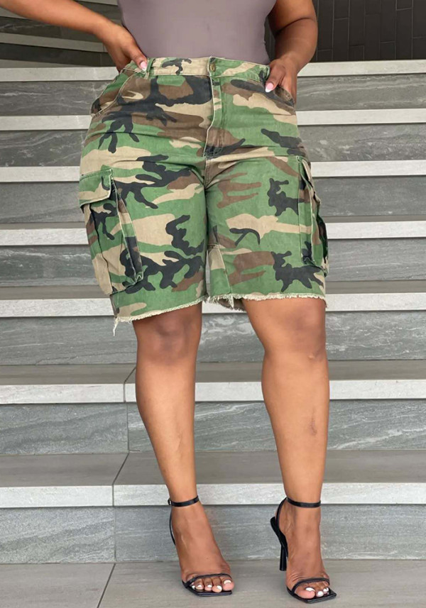 Women Summer Camouflage Casual Loose Elastic Cargo Shorts