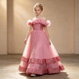 Kids Summer Glitter Multi-layer Tulle Long Princess Evening Dress