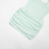 Women Summer Solid Mesh See-through Ruched Shoulder Strap Bodycon Dress