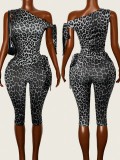 Women Summer Lace-up Slash Shoulder Leopard Slim Fit Jumpsuit
