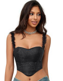 Women Summer Black Textured Fishbone Ruffle Edge Mesh Strap Slim Waist Fitted Corset