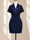 Women Summer Navy Single-breasted Deep V-neck Turn-down Collar Slim Waist A-line Daily Dress