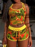 Women Summer Tropical Leaf Printed High Waist Square Leg Swimsuit