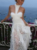 Women Summer Halter Neck Lace Patchwork Pattern Sleeveless Strapless Long Dress