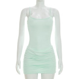 Women Summer Solid Mesh See-through Ruched Shoulder Strap Bodycon Dress