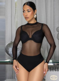 Women Summer Long Sleeve Mesh See-through Slim Fit Bodysuit
