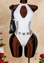 Women Summer White Halter Neck Hollow Out Slim Fit Bodysuit