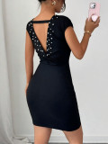 Women Summer Solid Sexy Slim Fit Low Back Pearl Back Knot Mini Dress
