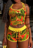 Women Summer Tropical Leaf Printed High Waist Square Leg Swimsuit