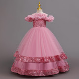 Kids Summer Glitter Multi-layer Tulle Long Princess Evening Dress