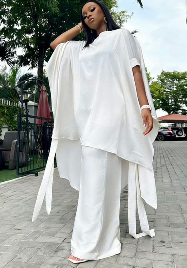 Women Summer Satin Cape Top & Wide Leg Pants Suit