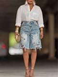 Women Summer Frayed Camouflage Denim Capri Pants