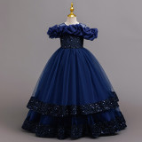 Kids Summer Glitter Multi-layer Tulle Long Princess Evening Dress