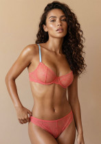 Women Summer Pink Blue Color Block Lace See-through Bra Two-piece Lingerie Set Women Summer Pink Blue Color Block Lace See-through Bra Two-piece Lingerie Set