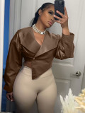 Women Summer Fashion Slim Waist Solid Pu Long Sleeve Coat