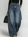 Women Spring Summer Loose Denim Metal Decor Pants
