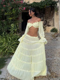Women Summer Strapless Off Shoulder Top & Cascading Ruffles Long Skirt Suit