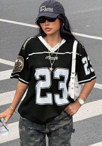 Men Summer Hollow Out V-neck Number Printed Short Sleeve Street Jersey Top