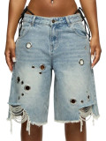 Women Summer Frayed Camouflage Denim Capri Pants