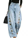 Women Spring Summer Loose Denim Metal Decor Pants