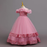 Kids Summer Glitter Multi-layer Tulle Long Princess Evening Dress