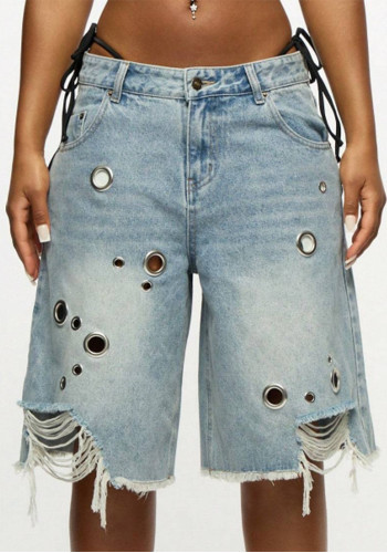Women Summer Frayed Camouflage Denim Capri Pants