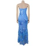 Women Summer Sexy Mesh Strapless Floral Evening Dress