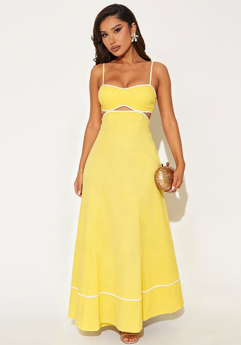 Women Summer Hollow Out Slim Waist Strap Maxi Dress