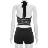 Women Summer Lace Patchwork Halter Neck Lace-Up Low Back Top & Shorts Set