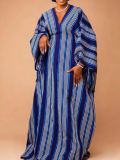 Women Summer African Striped V-neck Drawstring Color Contrast Robe Dress