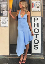 Women Summer Sexy Slim Fit Low Back Halter Strap Irregular Mini Dress