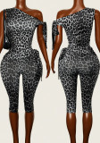 Women Summer Lace-up Slash Shoulder Leopard Slim Fit Jumpsuit