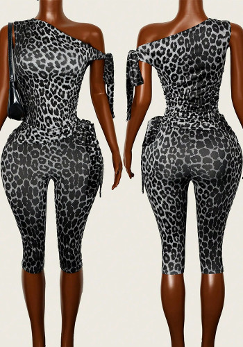 Women Summer Lace-up Slash Shoulder Leopard Slim Fit Jumpsuit