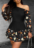 Women Summer Print Patchwork Slash Shoulder Irregular Dress