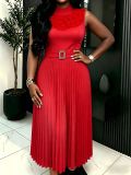 Women Elegant Round Neck Ruffle Edge Waist Pleated Dress