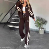 Women Spring Autumn Stand Collar Coat Top and Wide Leg Sweatpants Two Piece